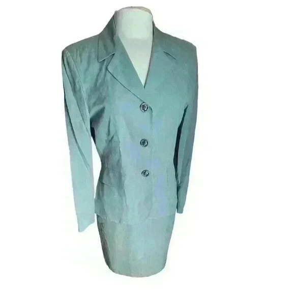 Gigi Baron Other - Bocchese Women's Suit Made In Italy 39 Green Silk Blend Blazer Skirt Vintage